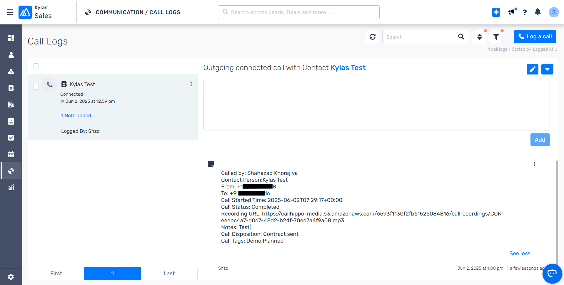 Kylas call log detail showing synced recording, disposition and call tags