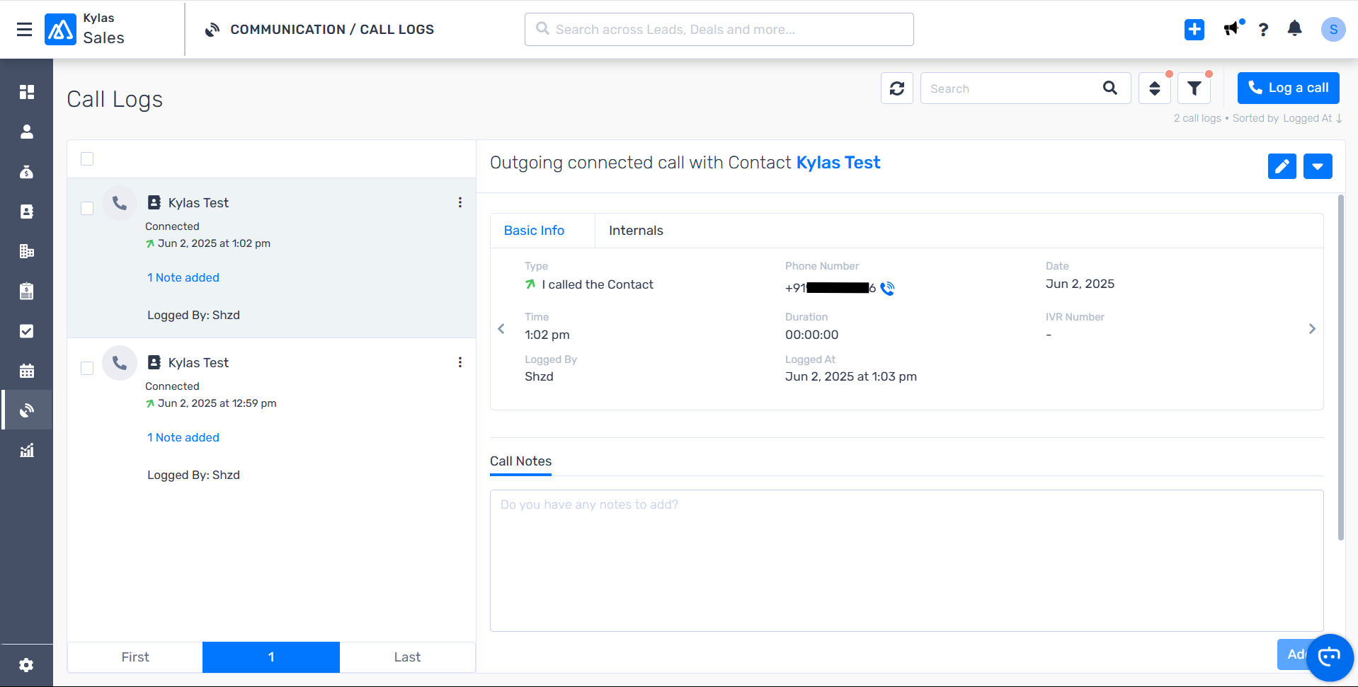 Kylas call log basic info showing call type, number and duration