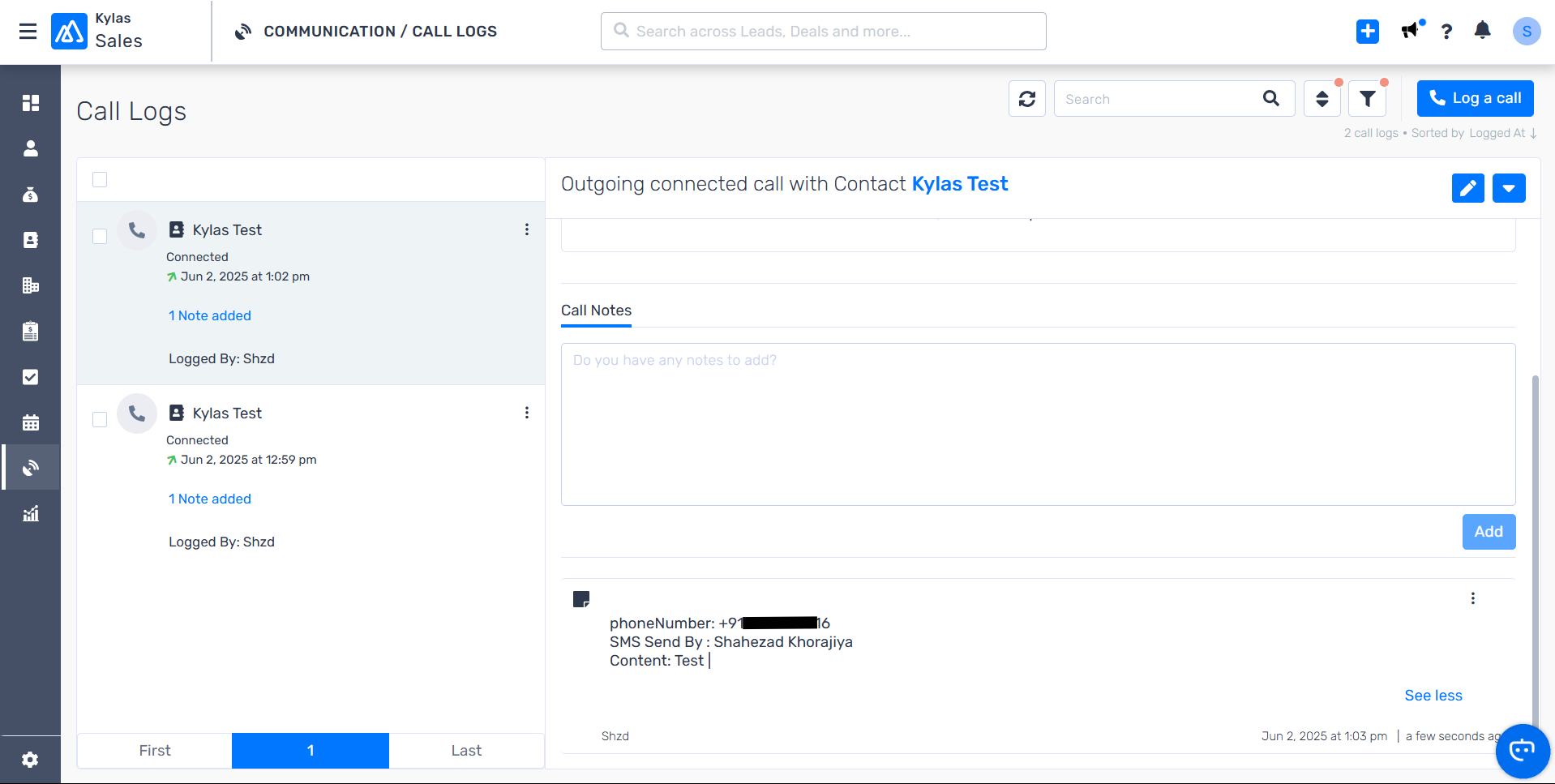 Kylas call log showing an SMS sent through CallHippo synced to the activity