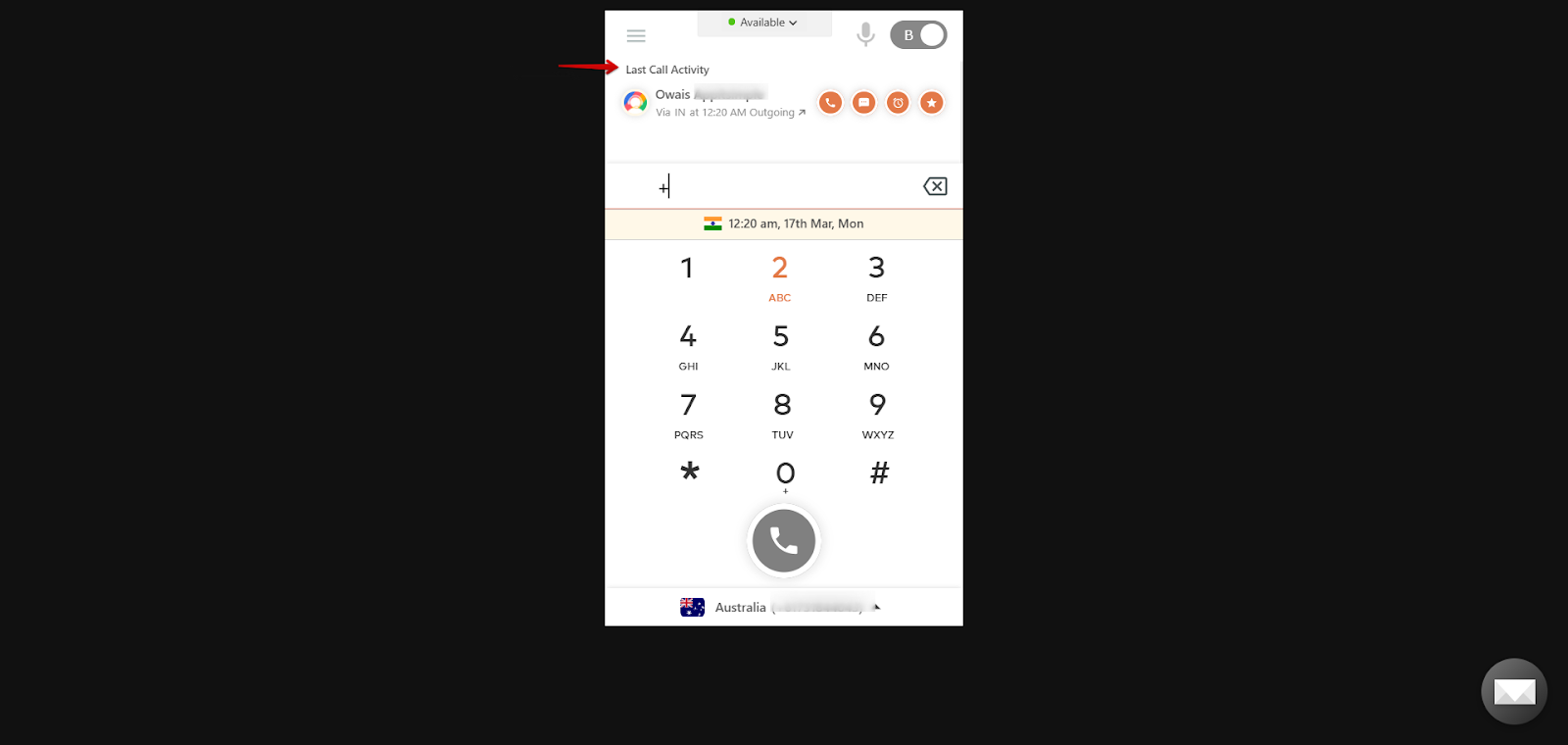 Last Call Activity section showing the most recent call on the CallHippo dialer screen