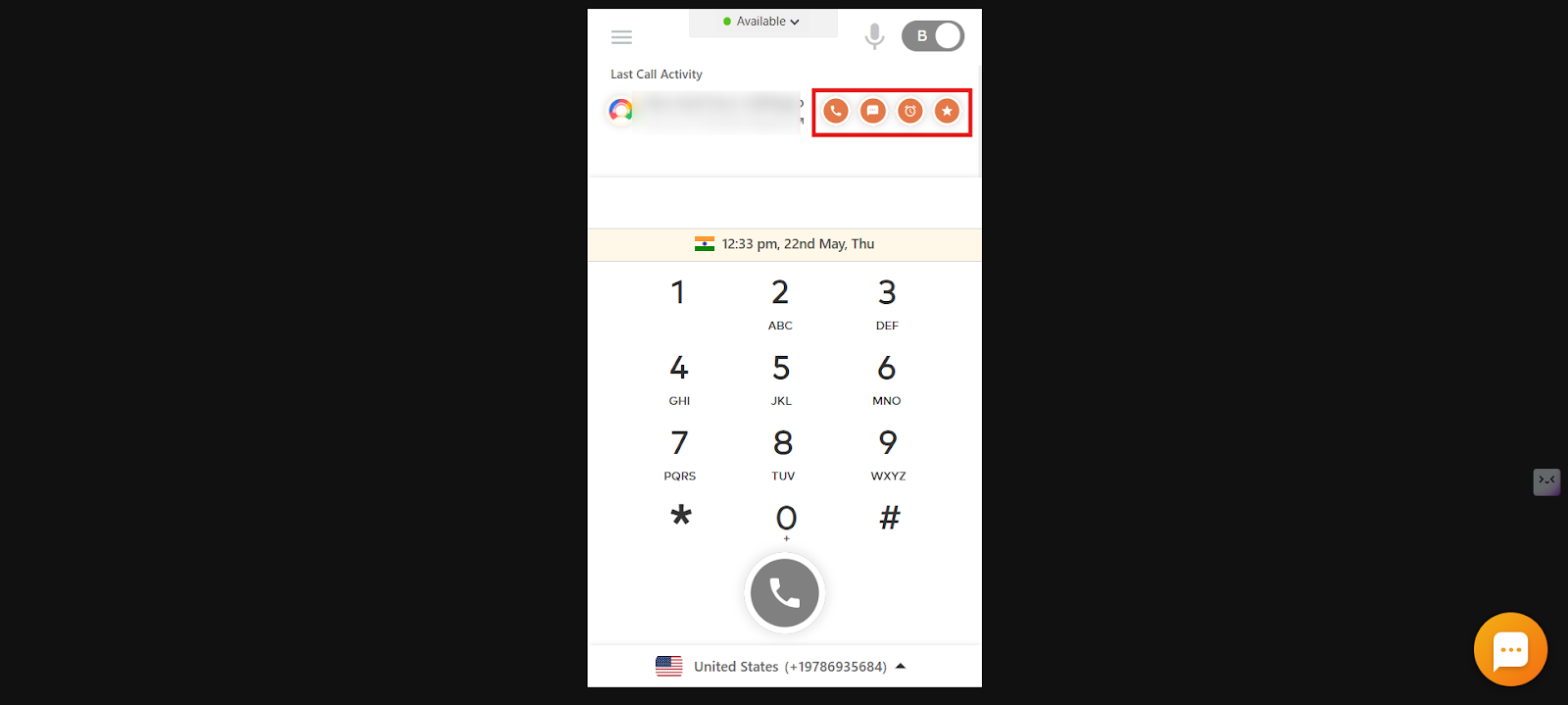 Quick-action buttons for callback, SMS, reminder, and call rating in Last Call Activity