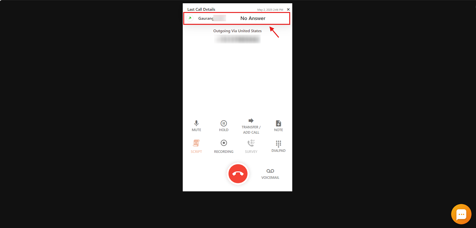 Last Call Details shown during an ongoing call on the CallHippo dialer