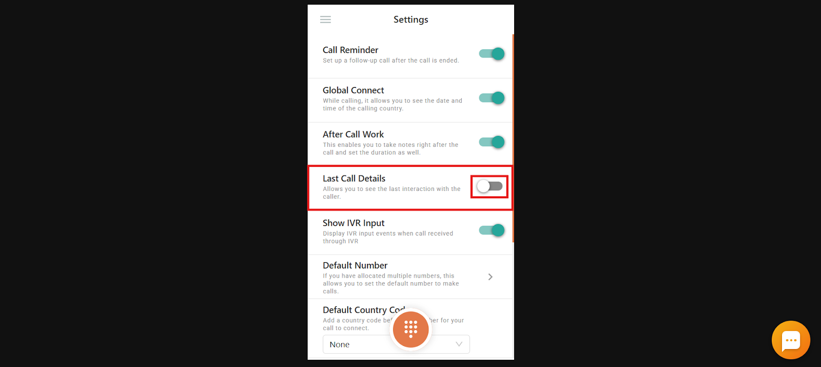 Last Call Details toggle in the CallHippo dialer Settings screen