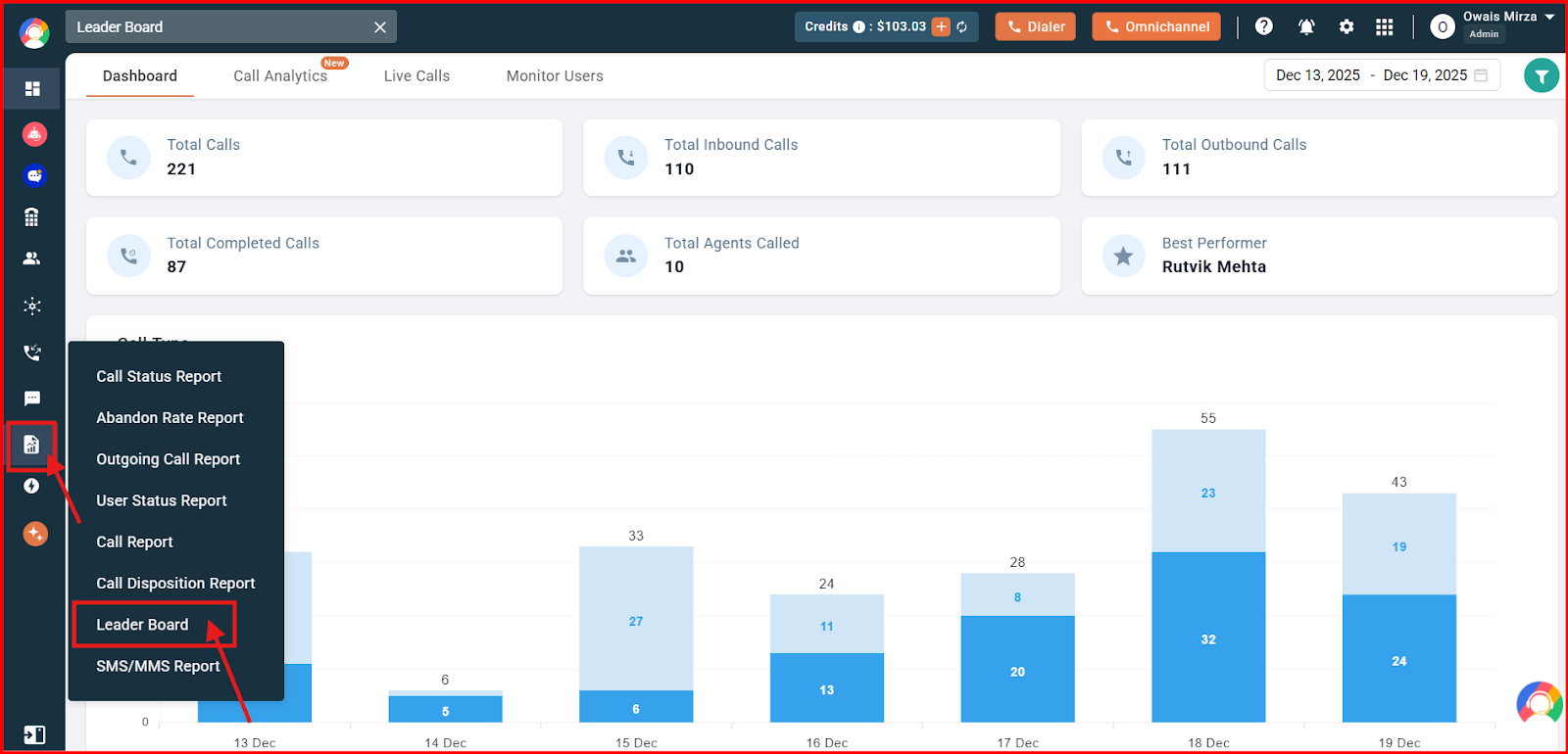 Leader Board option in the Reports menu of the CallHippo dashboard