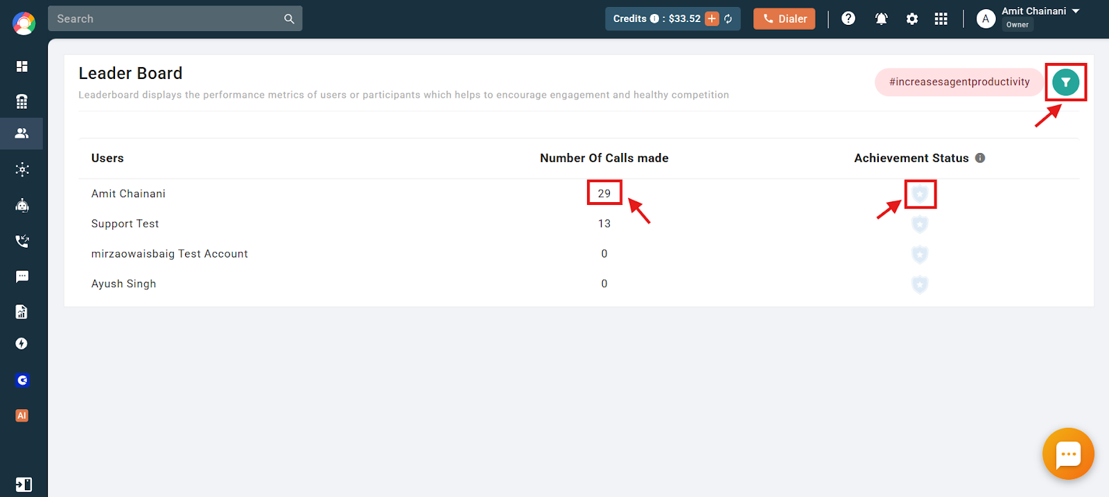 CallHippo Leaderboard showing number of calls made, achievement status, and filter icon