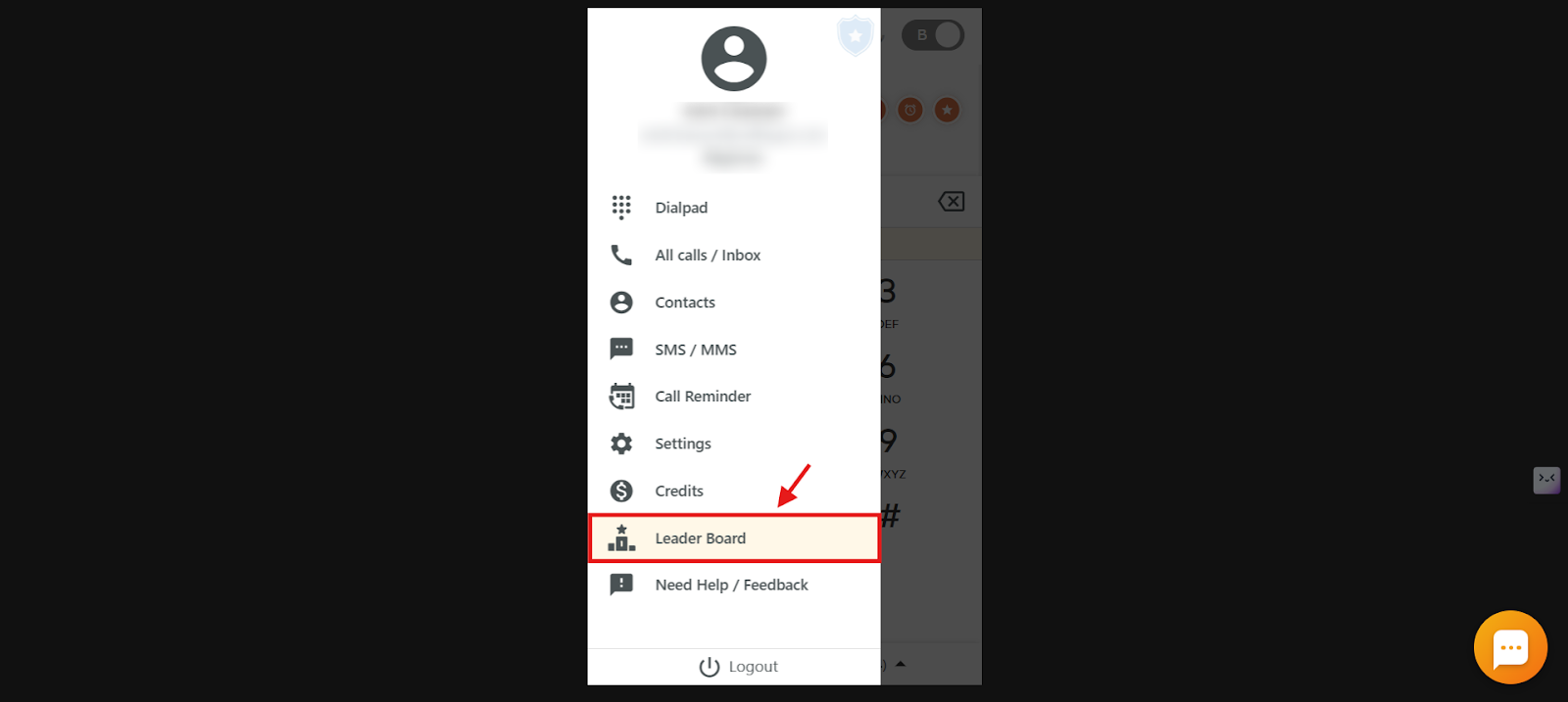 Leader Board option highlighted in the CallHippo dialer menu