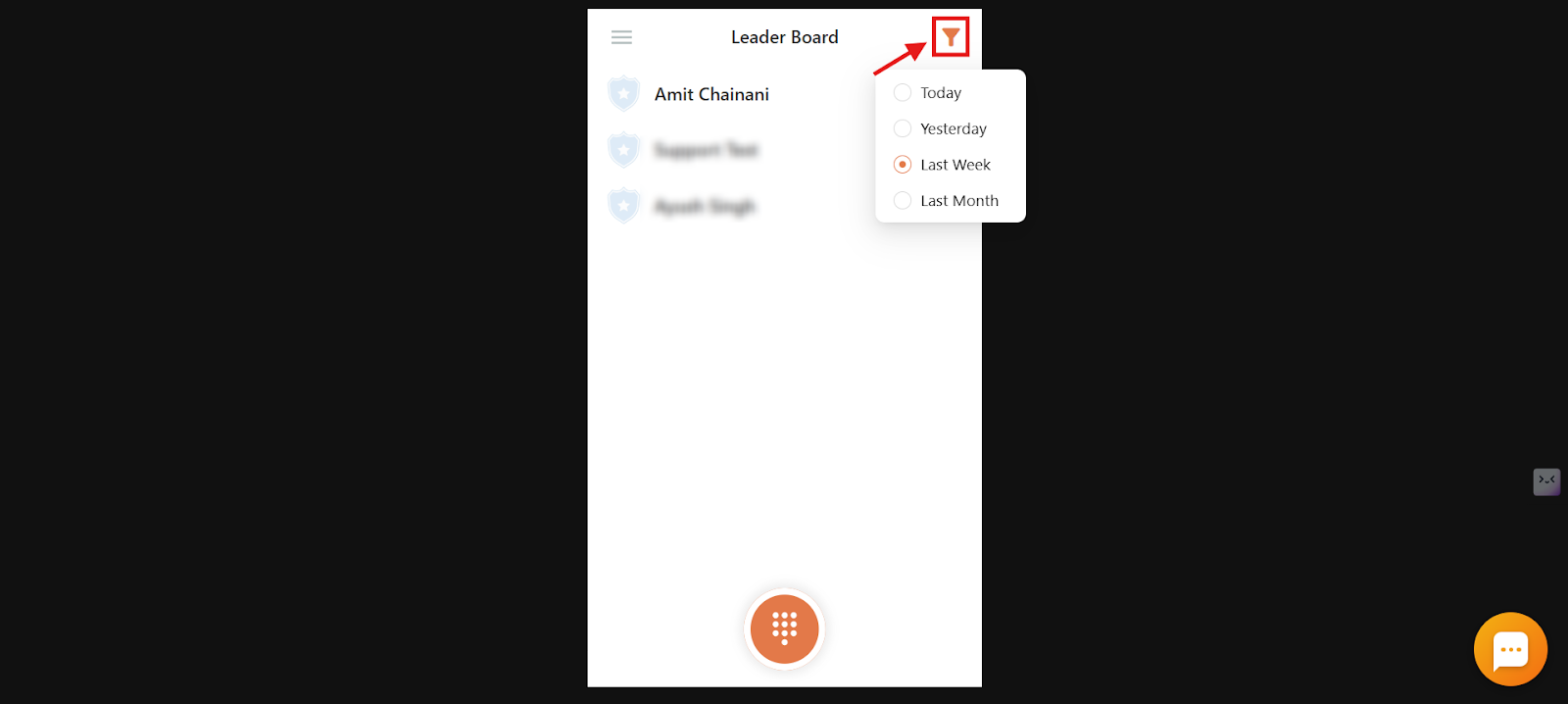 Leaderboard on the CallHippo dialer with the date filter open