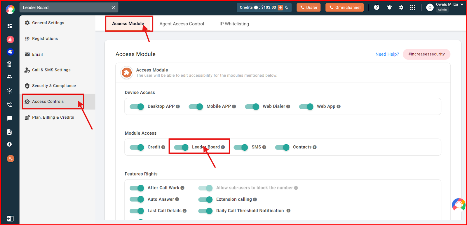 Leader Board toggle in the Access Module under Access Controls settings