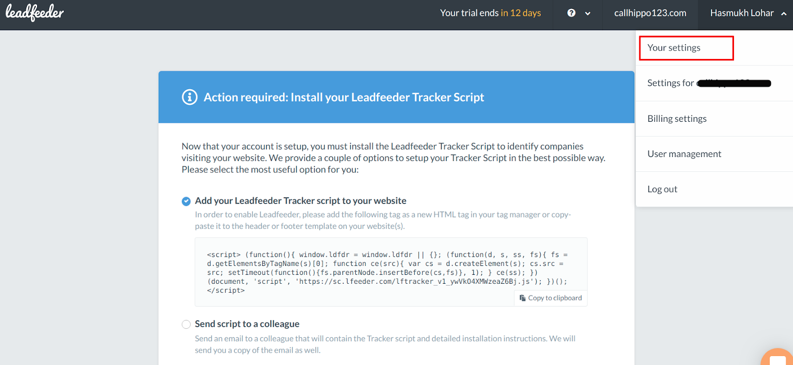 Leadfeeder account menu with Your settings option highlighted