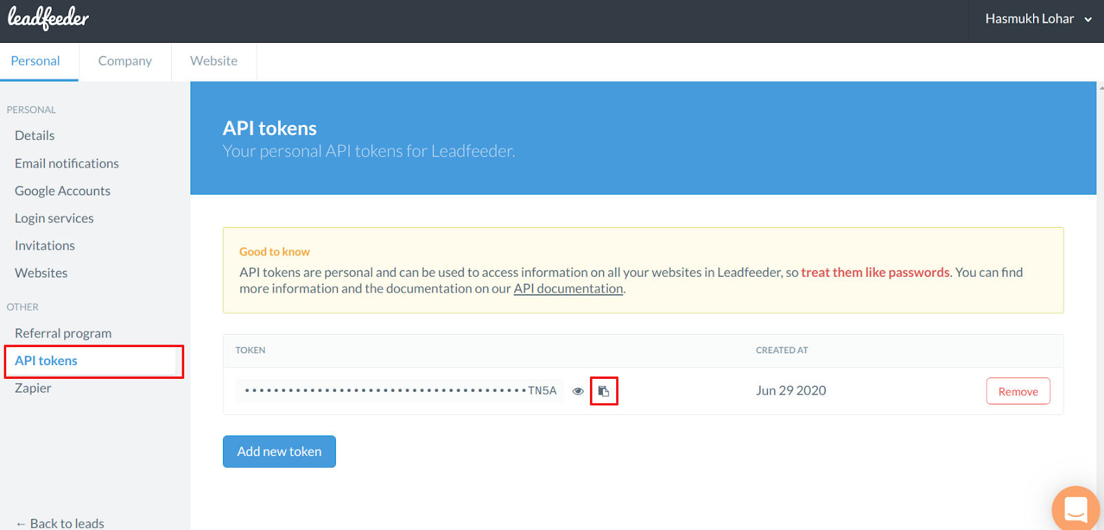 Leadfeeder API tokens page with copy token button highlighted