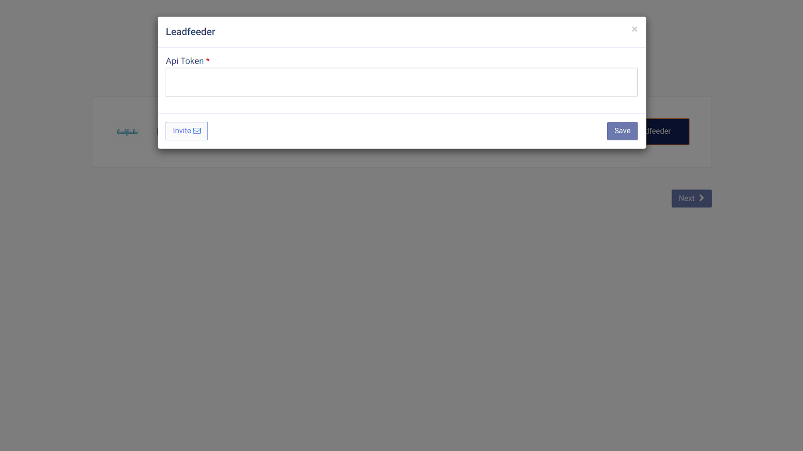 CallHippo Leadfeeder setup modal with Api Token field and Save button