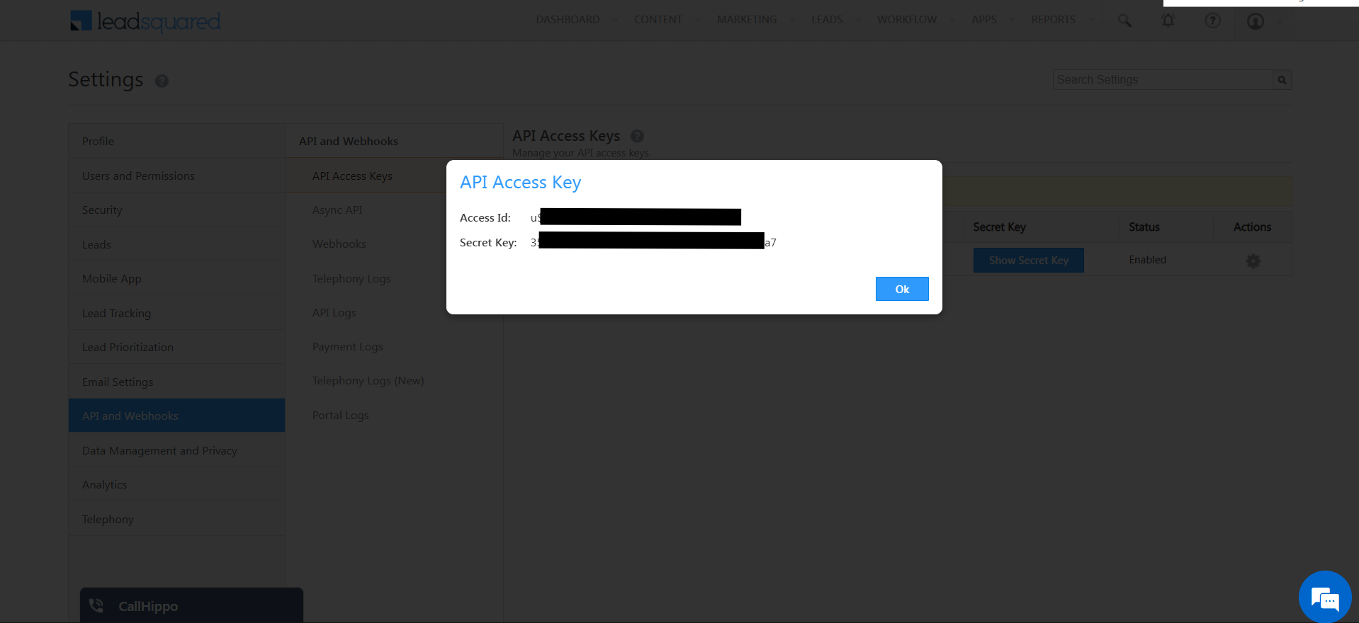 LeadSquared API Access Key popup showing the Access Id and Secret Key