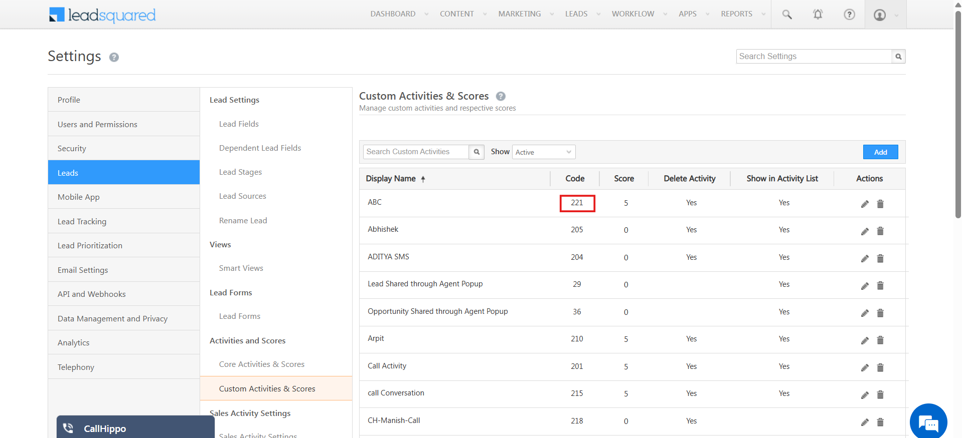 LeadSquared Custom Activities list with the activity Code column highlighted