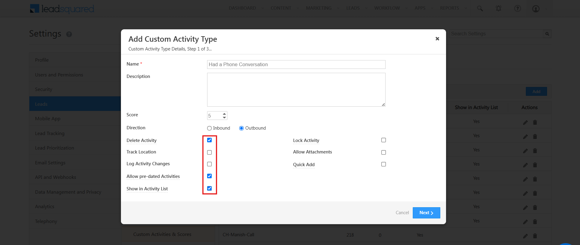 LeadSquared Add Custom Activity Type step 1 with activity options selected
