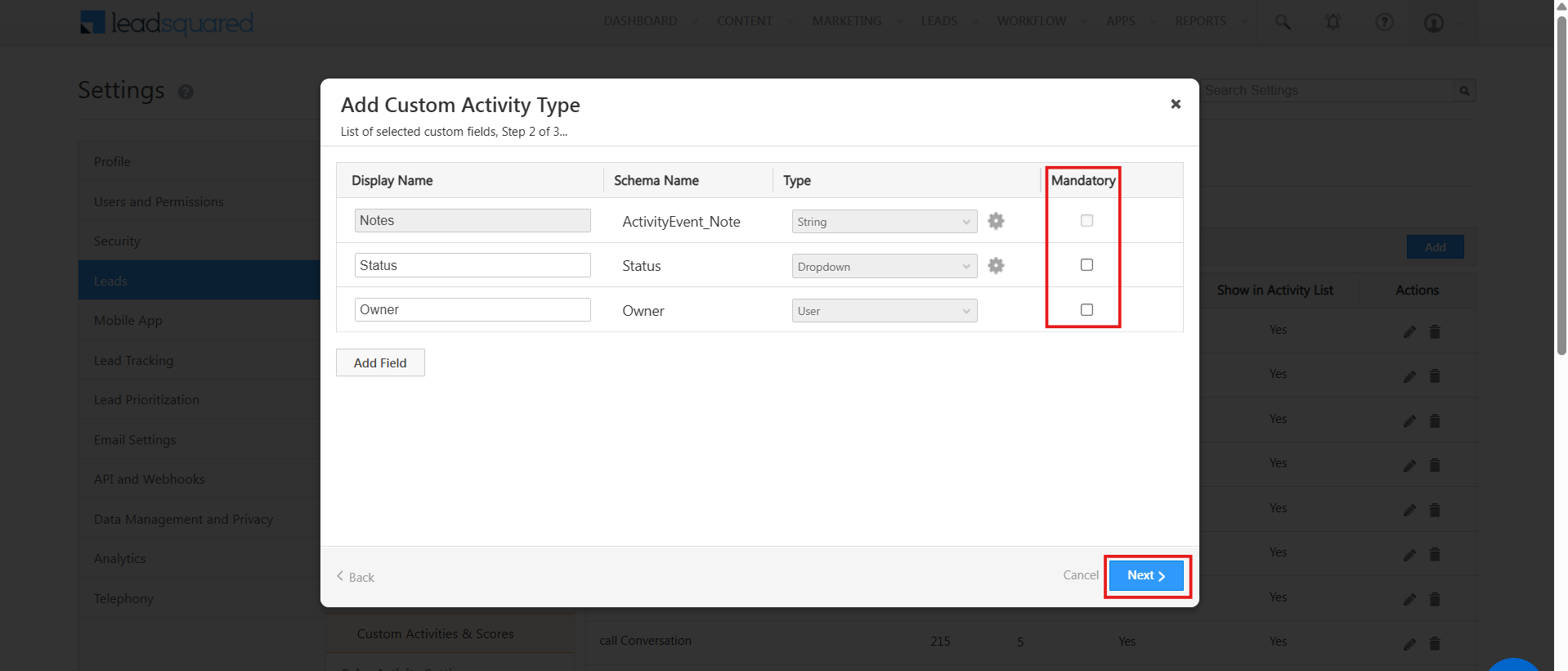 LeadSquared Add Custom Activity Type step 2 with all Mandatory checkboxes unchecked