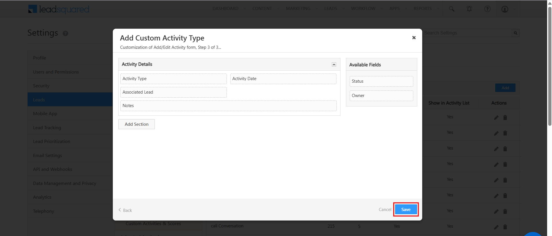 LeadSquared Add Custom Activity Type step 3 activity details with the Save button highlighted