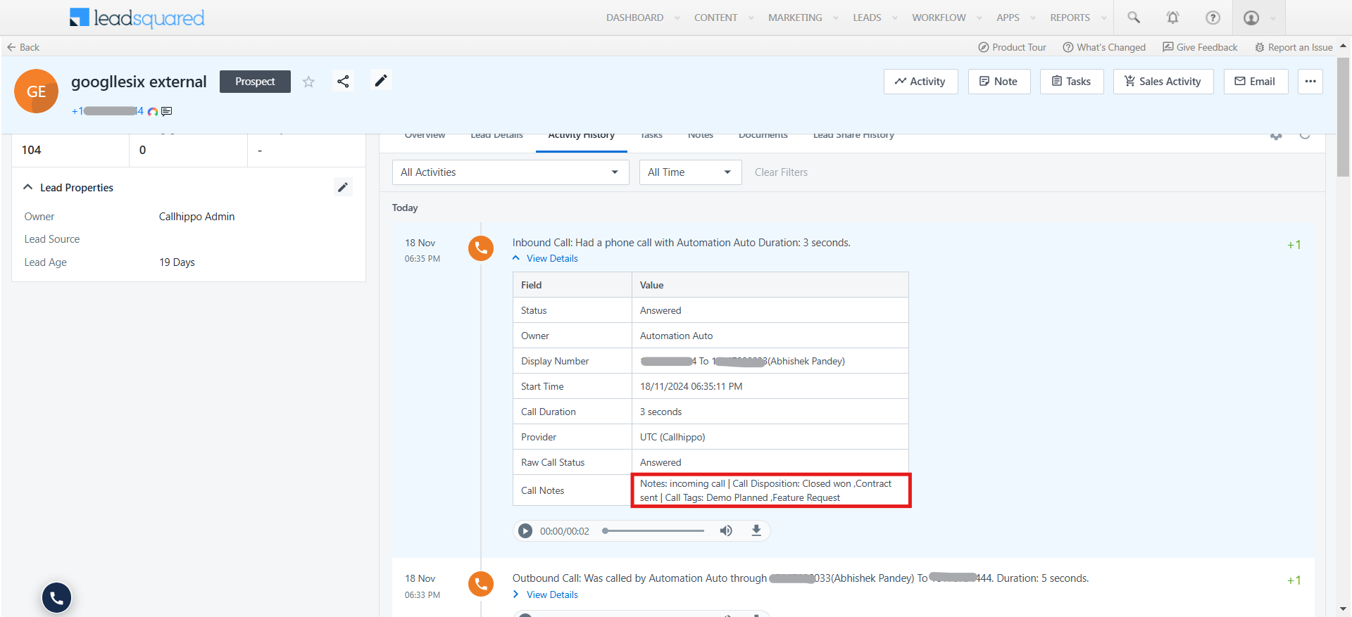 LeadSquared call activity detail showing After Call Work call notes with disposition and tags