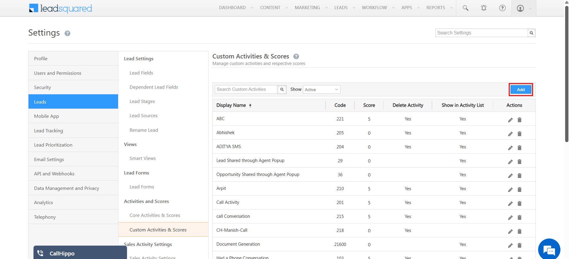 LeadSquared Custom Activities and Scores page with the Add button highlighted