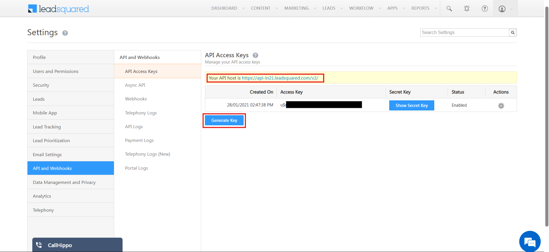 LeadSquared API Access Keys page with the API host highlighted and the Generate Key button