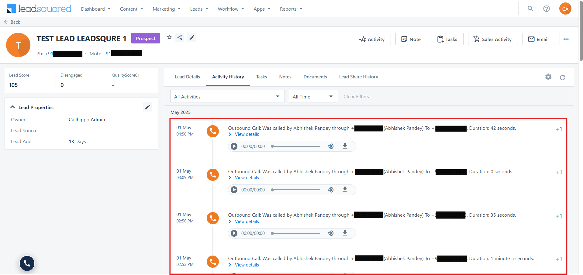 LeadSquared lead Activity History showing logged CallHippo outbound calls with recordings