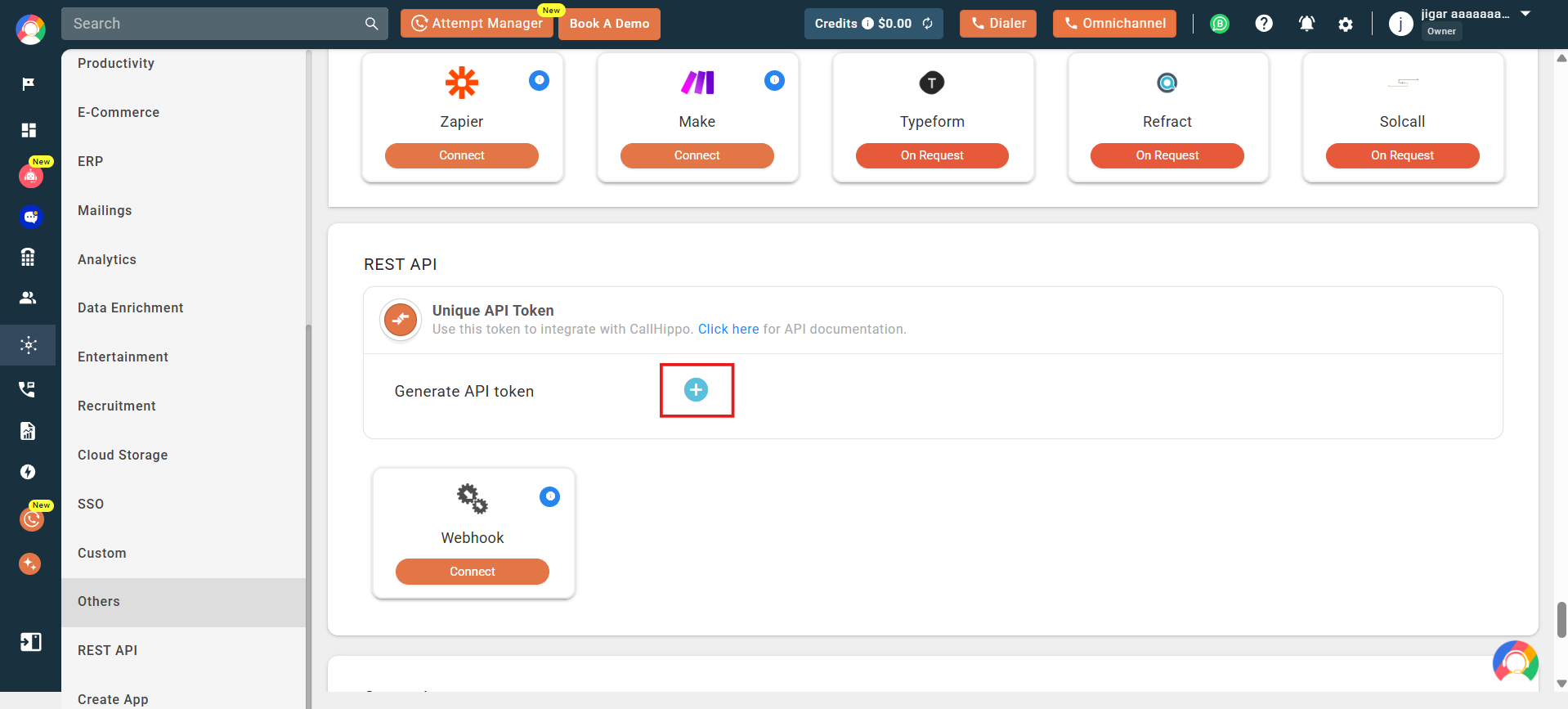 CallHippo Integrations REST API section with the Generate API token plus icon highlighted