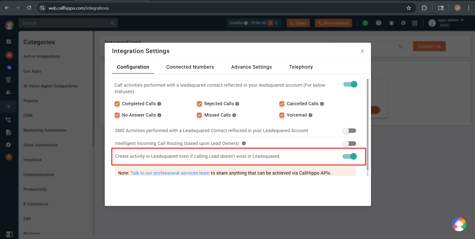 CallHippo LeadSquared settings with the toggle to create an activity even when the lead does not exist highlighted