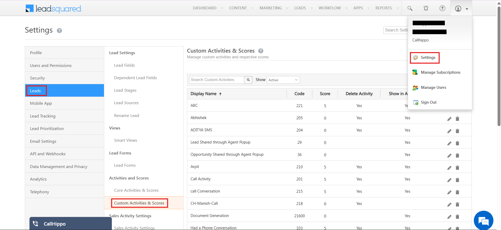 LeadSquared Settings menu with Leads and Custom Activities and Scores highlighted