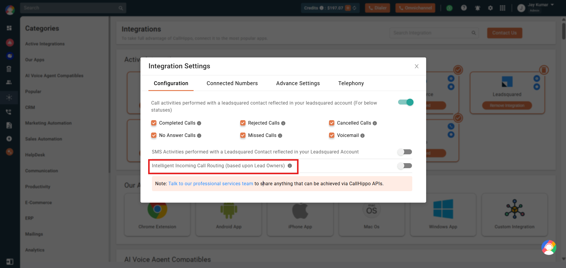 CallHippo LeadSquared settings with the Intelligent Incoming Call Routing toggle highlighted