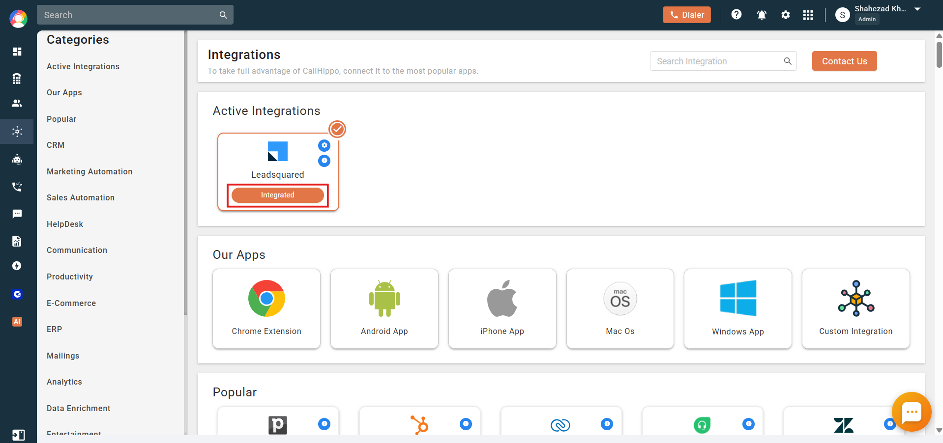 CallHippo Active Integrations showing LeadSquared marked as Integrated