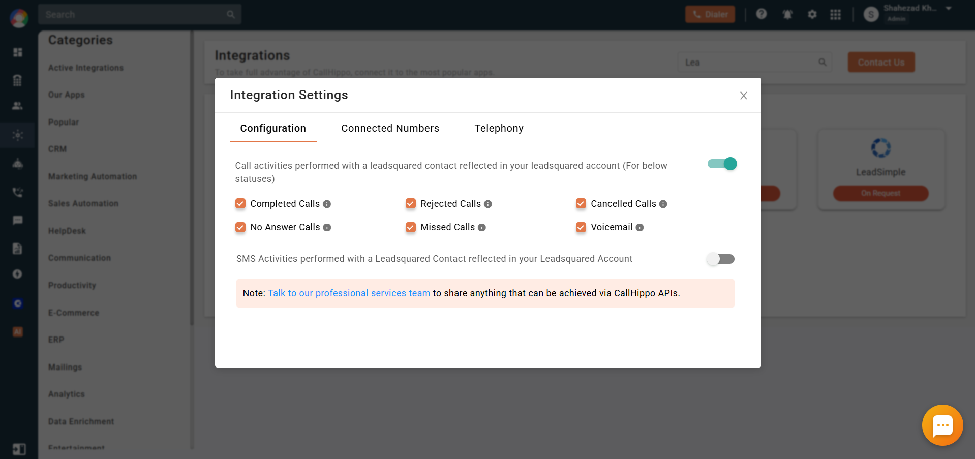 CallHippo LeadSquared Integration Settings popup with call activity statuses selected