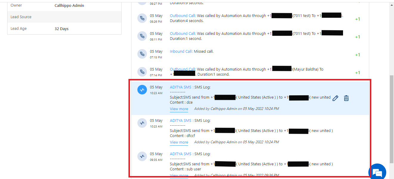 LeadSquared lead Activity History showing logged CallHippo SMS activity