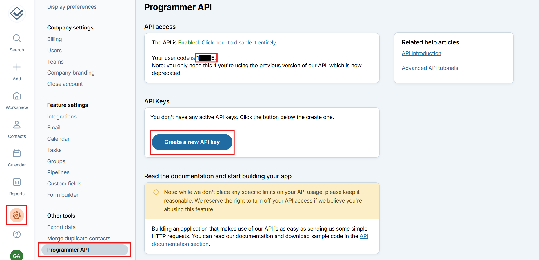 Less Annoying CRM Programmer API settings showing user code and Create a new API key button