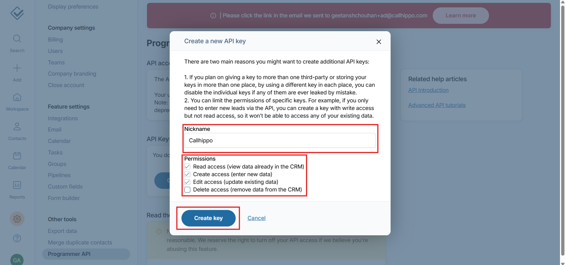 Create a new API key dialog with nickname and permissions selected