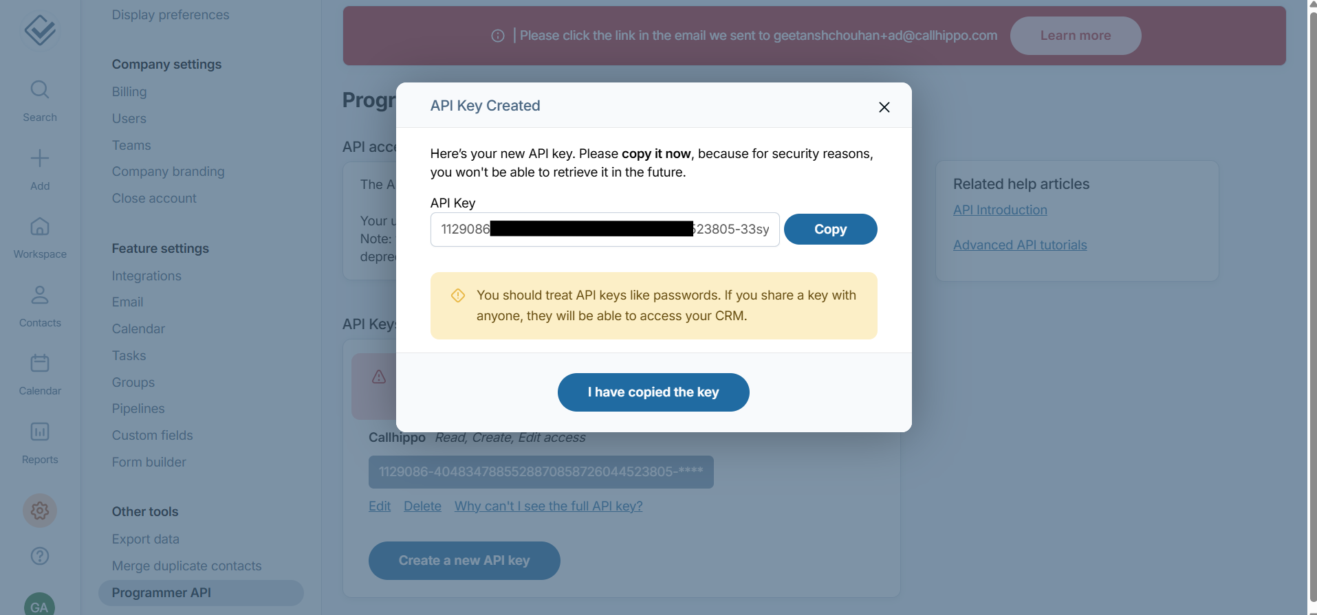 API Key Created dialog prompting you to copy the generated key