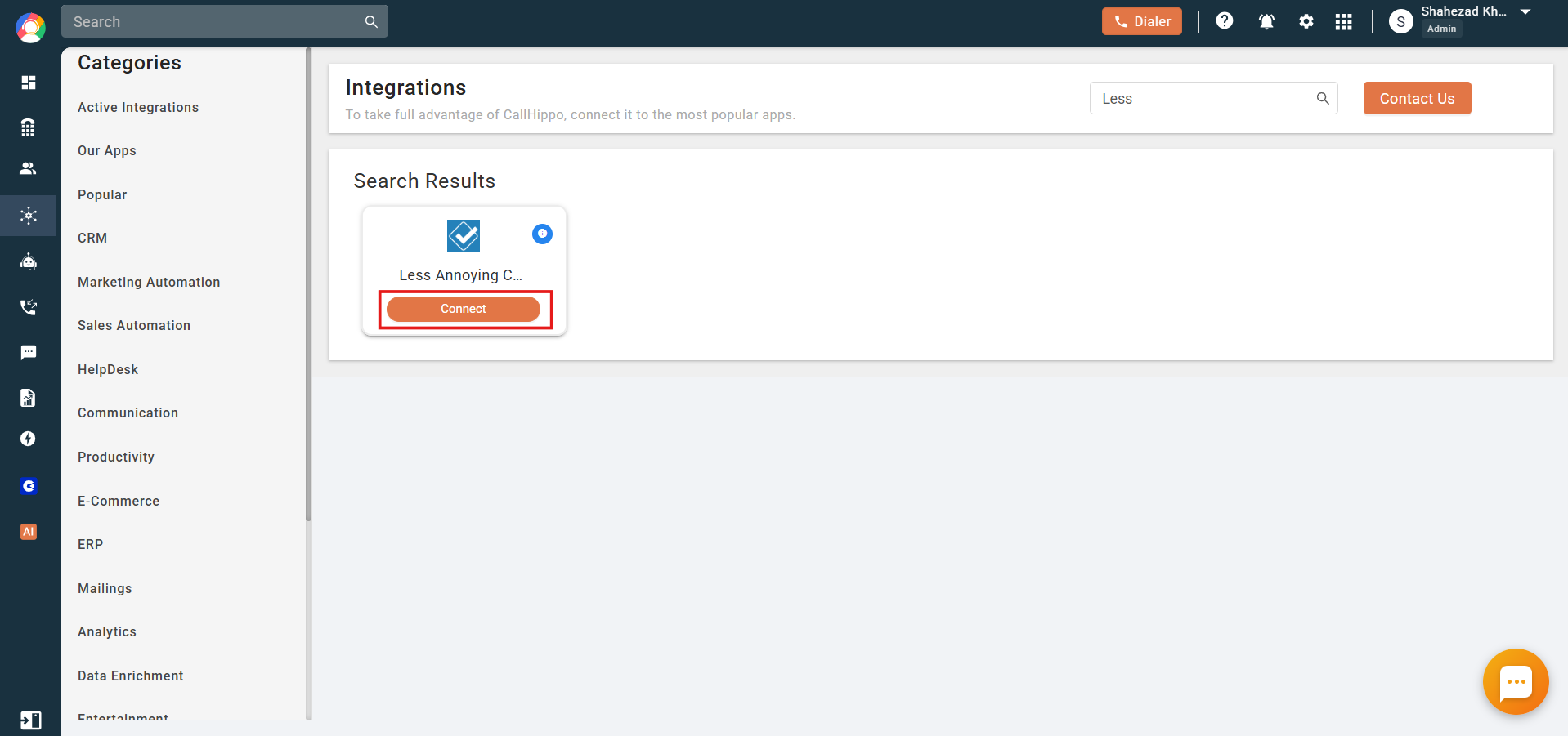 CallHippo Integrations page with Less Annoying CRM Connect button