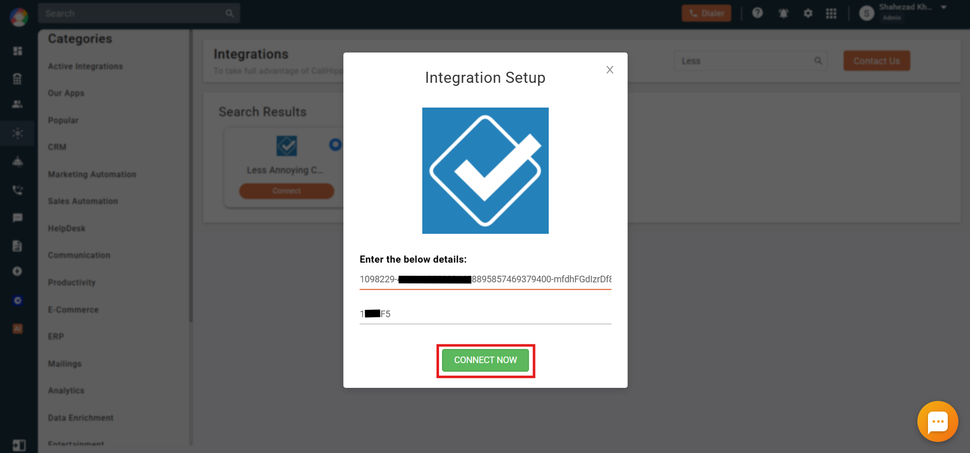 CallHippo Integration Setup popup to enter API key and user code, then Connect Now