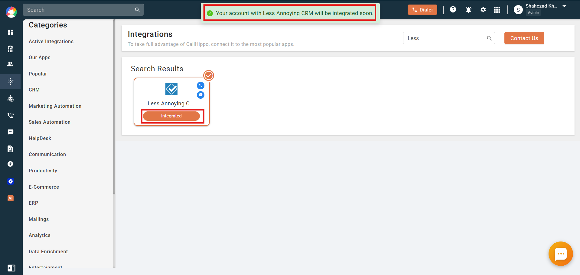 CallHippo showing Less Annoying CRM integration status as Integrated