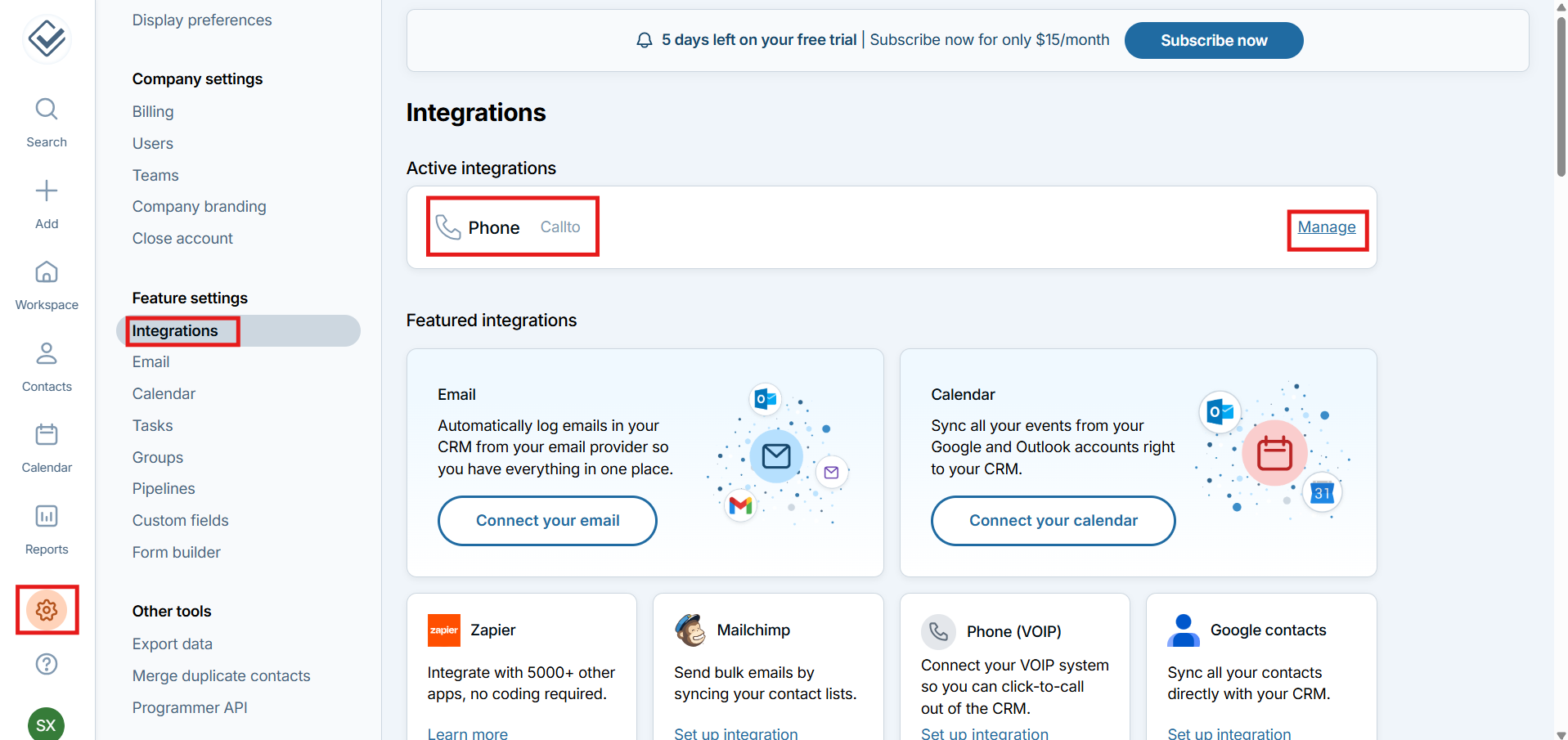 Less Annoying CRM Integrations page with Phone integration Manage link