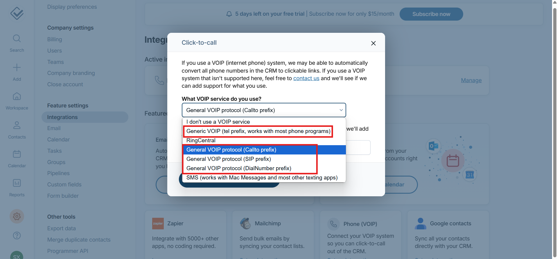 Less Annoying CRM click-to-call VOIP service dropdown with General VOIP protocol options