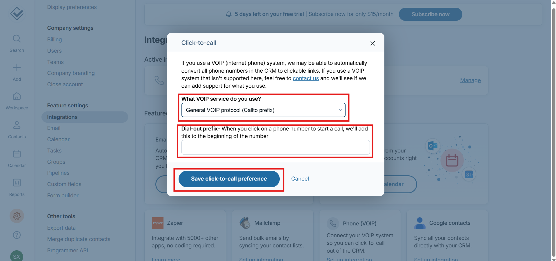 Click-to-call settings with General VOIP protocol selected and blank dial-out prefix, Save button