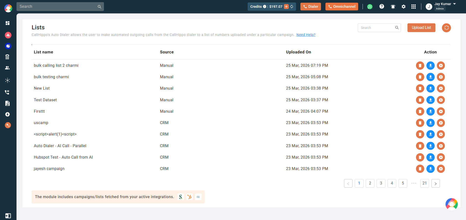 Lists page showing a table of uploaded contact lists with List Name, Source, Uploaded On and Action columns