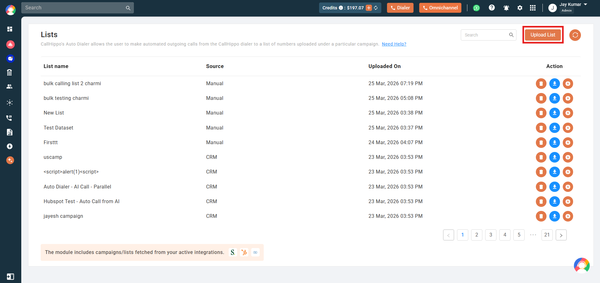 Lists page with the Upload List button highlighted at the top right