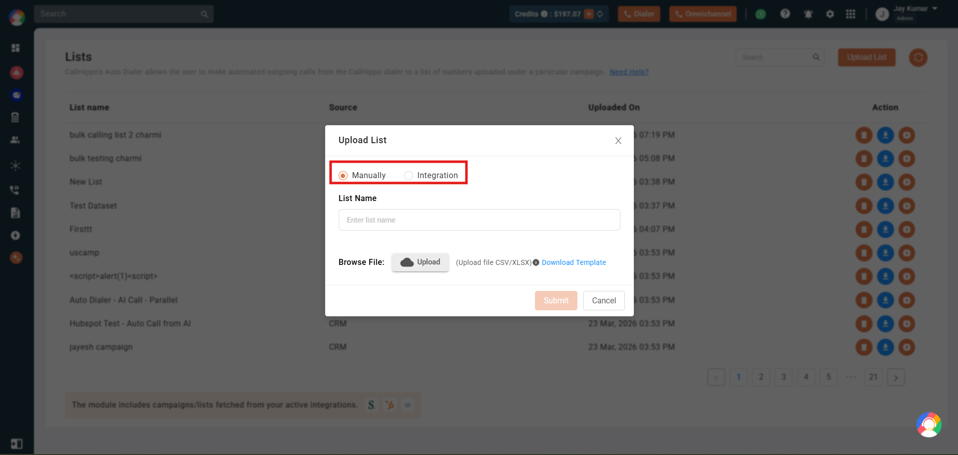Upload List popup showing Manually and Integration radio options, a List Name field and a Browse File upload button