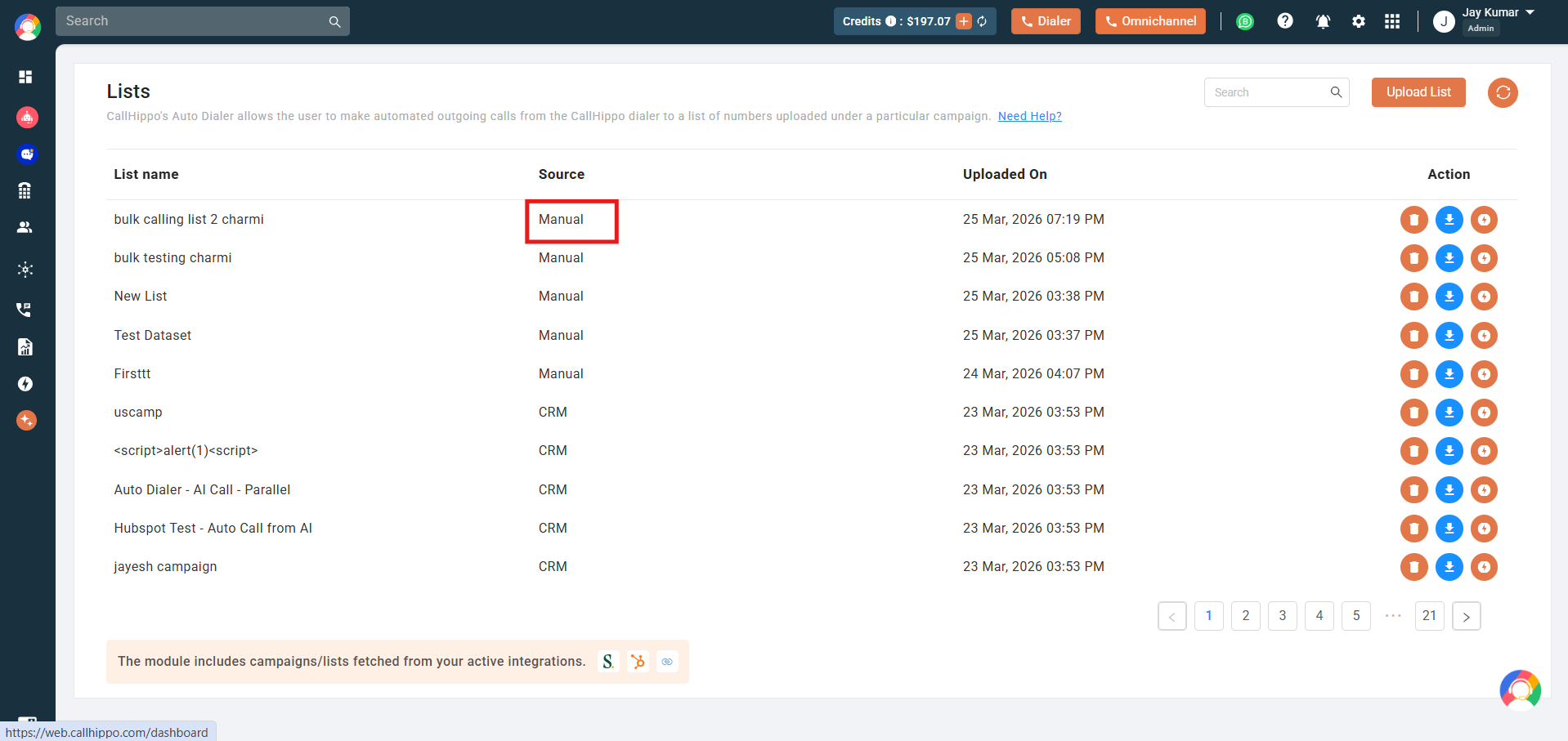 Lists table with a manually uploaded list showing Manual in the Source column highlighted
