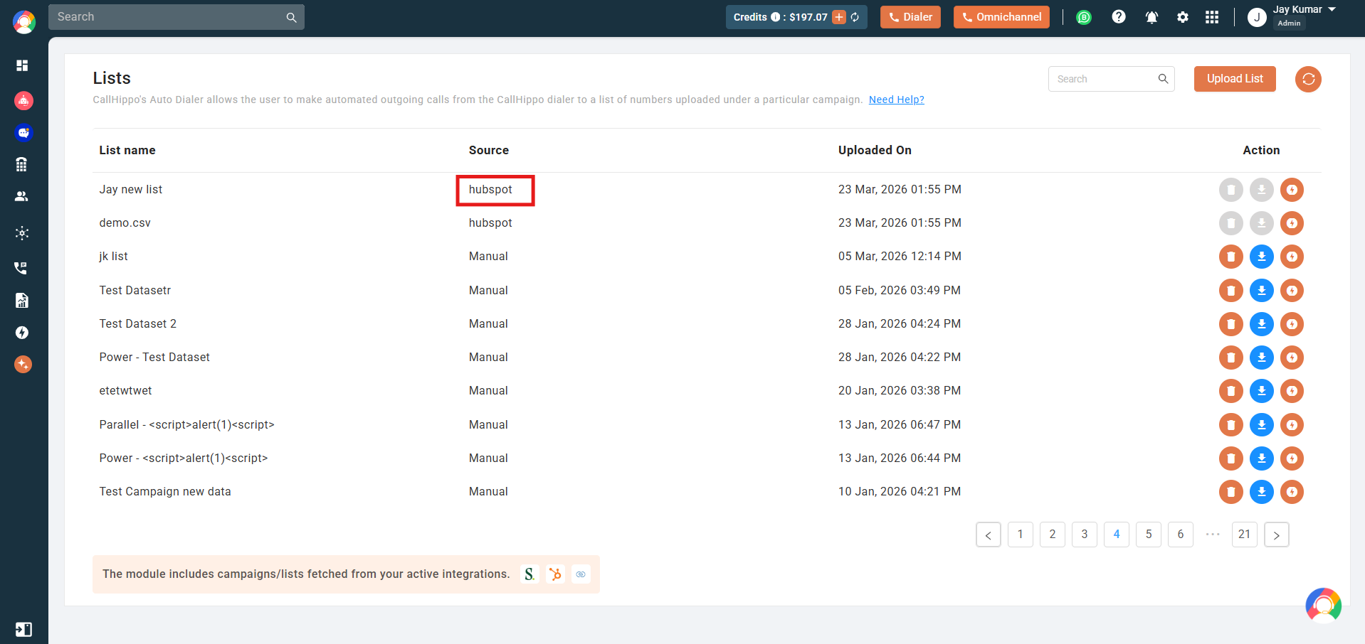 Lists table with a list pulled from HubSpot showing hubspot in the Source column and disabled delete and download buttons
