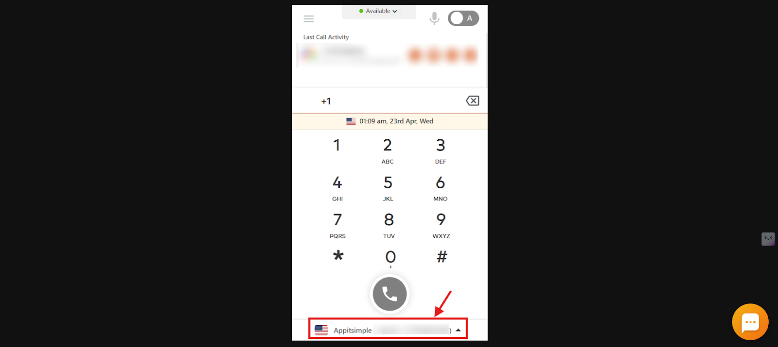 CallHippo dialer with the number selector highlighted at the bottom of the dialpad