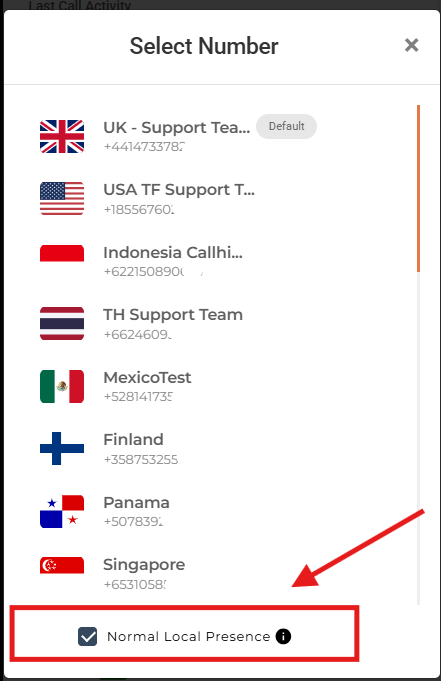 Select Number popup showing the Normal Local Presence checkbox enabled