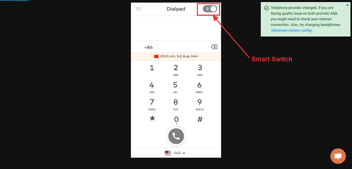 CallHippo dialpad showing the Smart Switch A/B provider toggle and a telephony provider changed notification