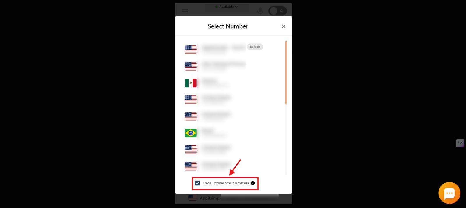 CallHippo Select Number modal with the Local presence numbers checkbox enabled at the bottom