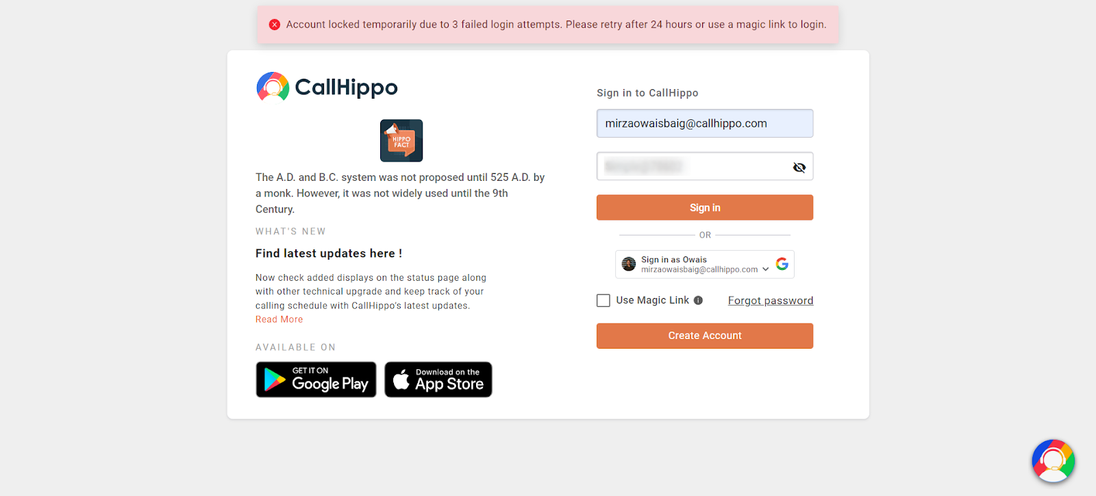 CallHippo login page showing account locked after 3 failed login attempts